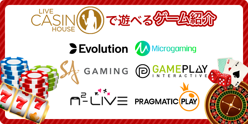 ライブカジノハウスで遊べるゲームのソフトウェアのロゴを並べたイラスト