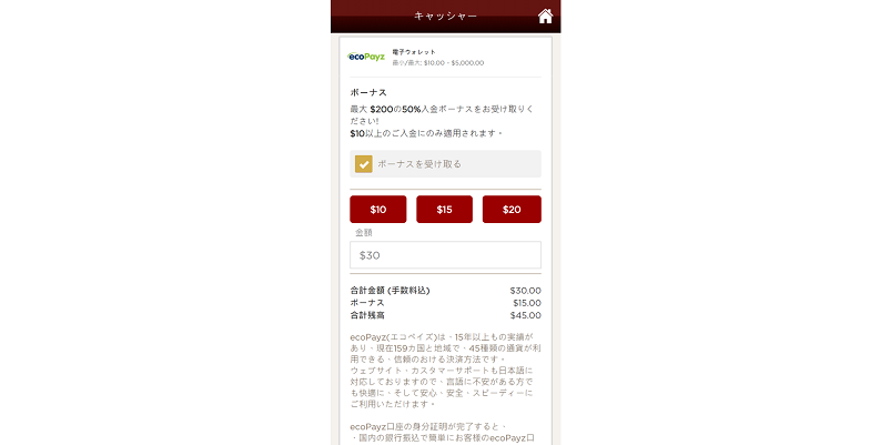 ライブカジノハウスの「ecoPayz」で入金額を入力画面