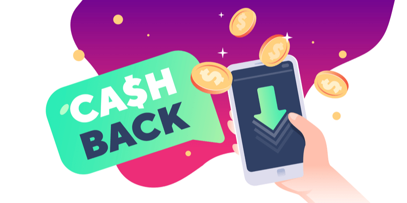 スマートフォンにコインの絵の横に「CASH BACK」の文字