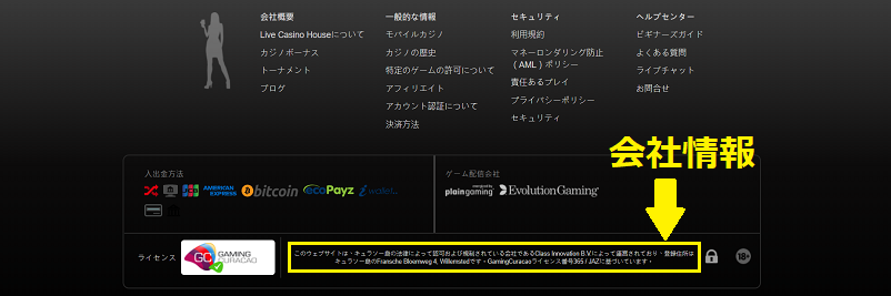 ライブカジノハウスの運営会社情報が記載されている場所
