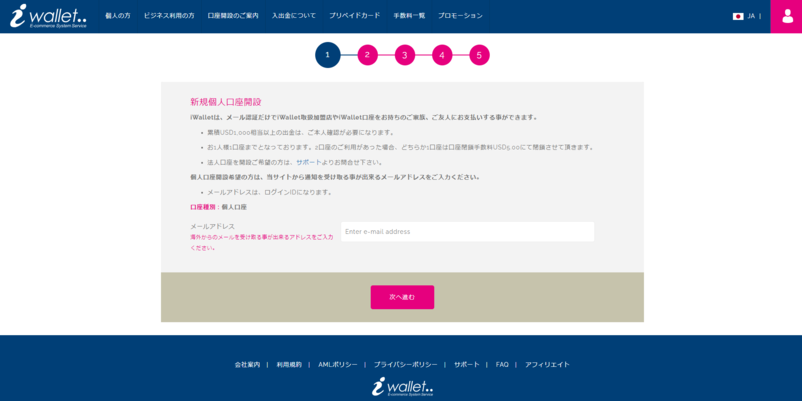 iWalletの登録・口座開設方法の手順3のメールアドレス入力画面