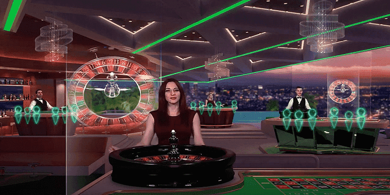 Exclusive Virtual Casino（エクスクルーシブ・ヴァーチャル・カジノ）で女性ディーラーがルーレットに立っている画像