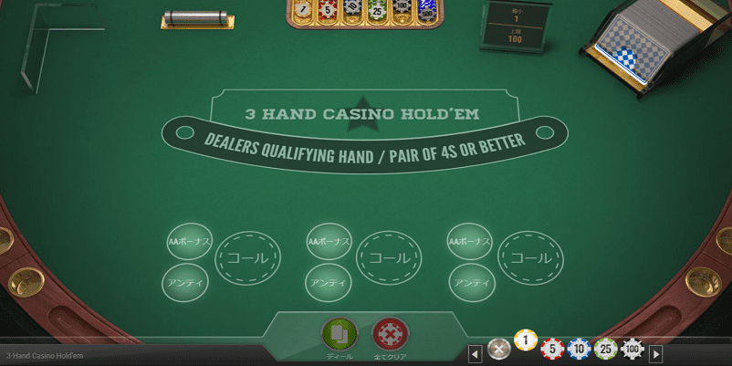 プレインゴーの3 hand casino Hold’emのプレイ画面