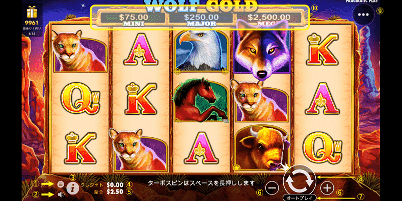 Wolf Gold（ウルフゴールド）の画面表示と機能の説明画像