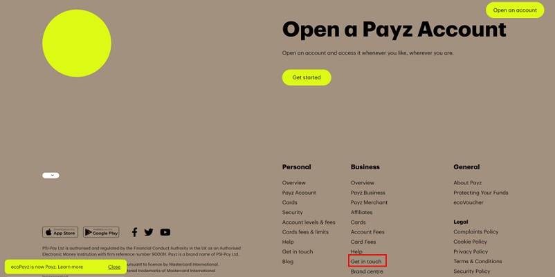payz（旧エコペイズ）に再登録する際の手順1のpayzのお問い合わせフォームページへ移動する画面