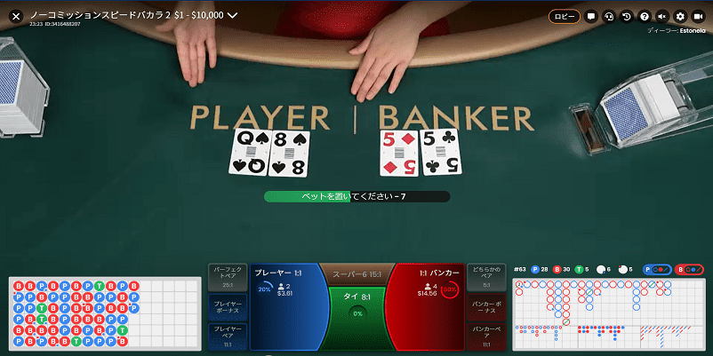 ノーコミッションスピードバカラのプレイ画面
