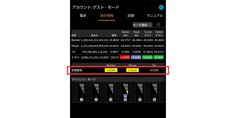 Baccarat Card Countingアプリの統計情報確認画面
