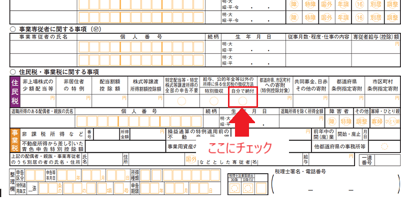 確定申告書の住民税の徴収方法「自分で納付」の場所の画像